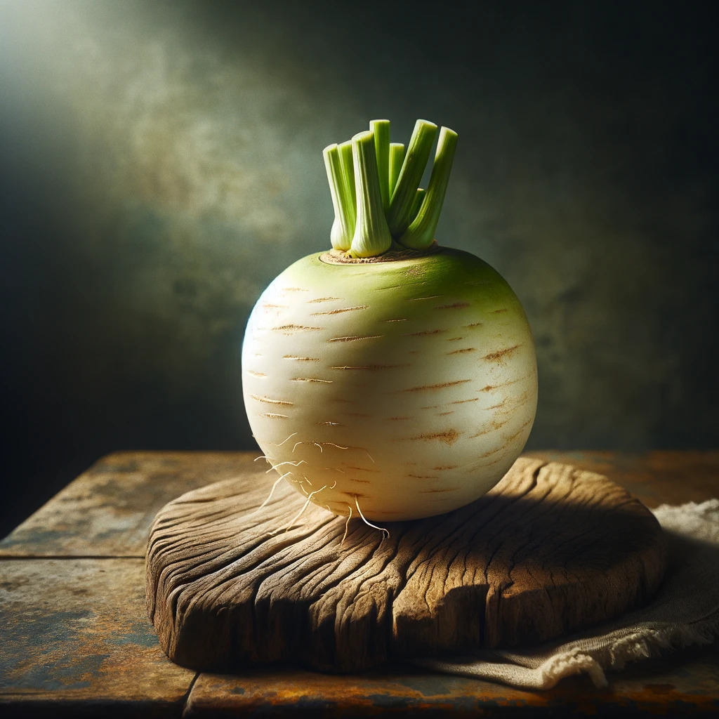 Ein Daikon-Rettich liegt auf einem rustikalen Holztisch, Tageslicht