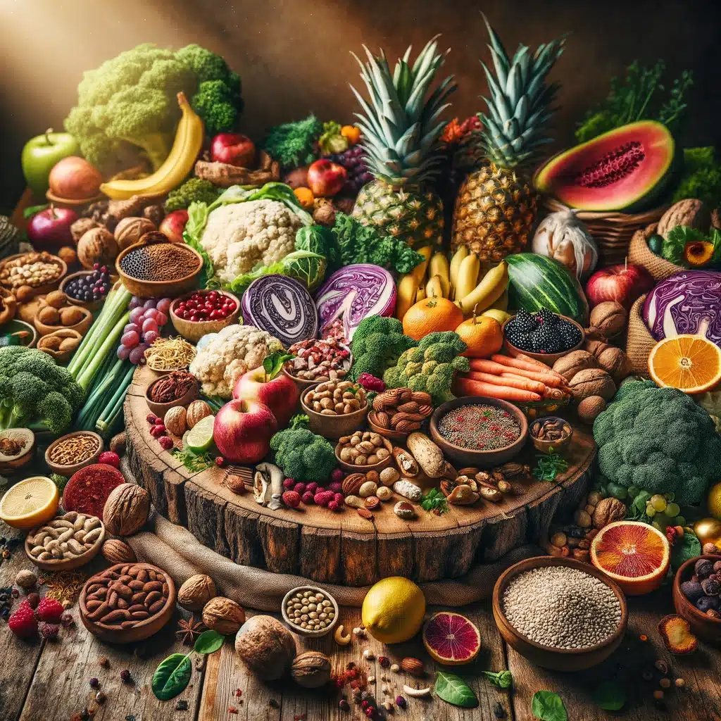 große Sammlung von veganen Lebensmitteln, welche die Vielfalt der veganen Ernährung hervorhebt