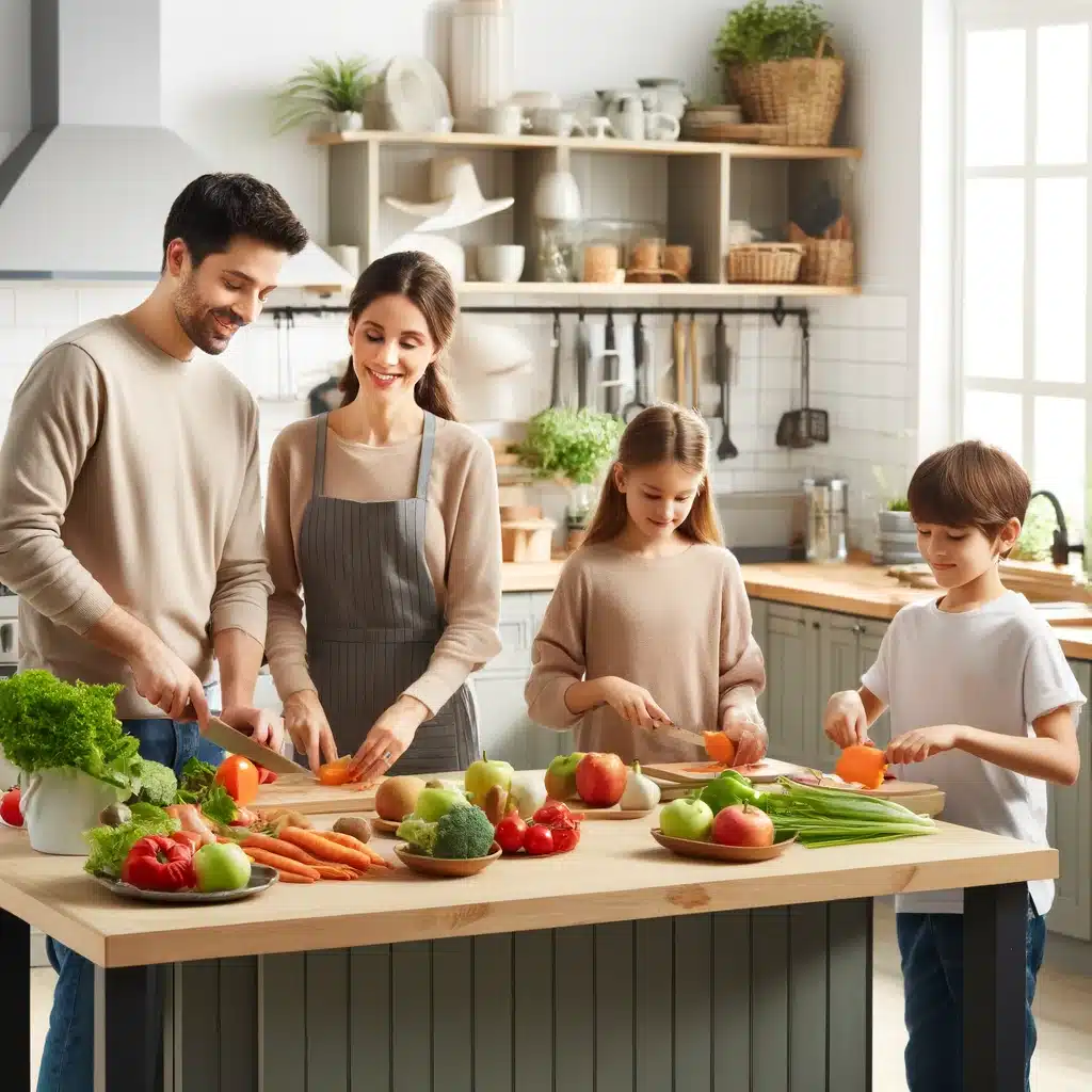 Eine Familie bereitet zusammen eine gesunde Mahlzeit in der Küche zu